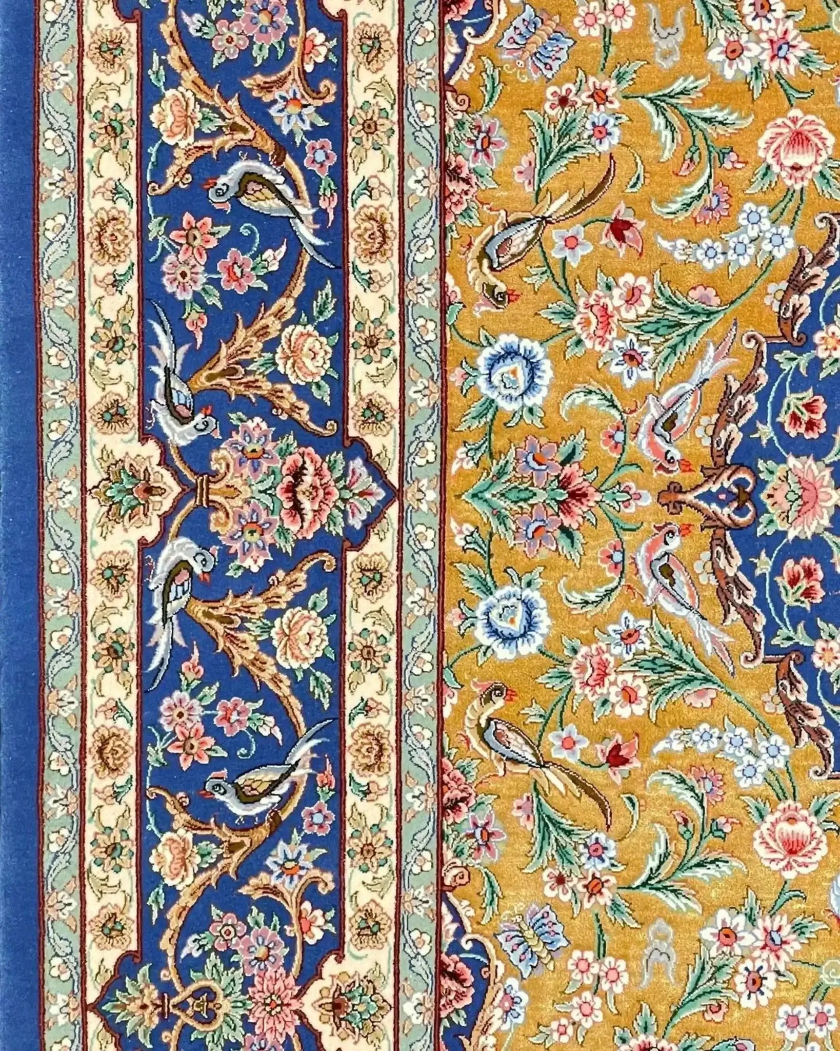"Close-up of Isfahan rug showcasing traditional craftsmanship and floral design"